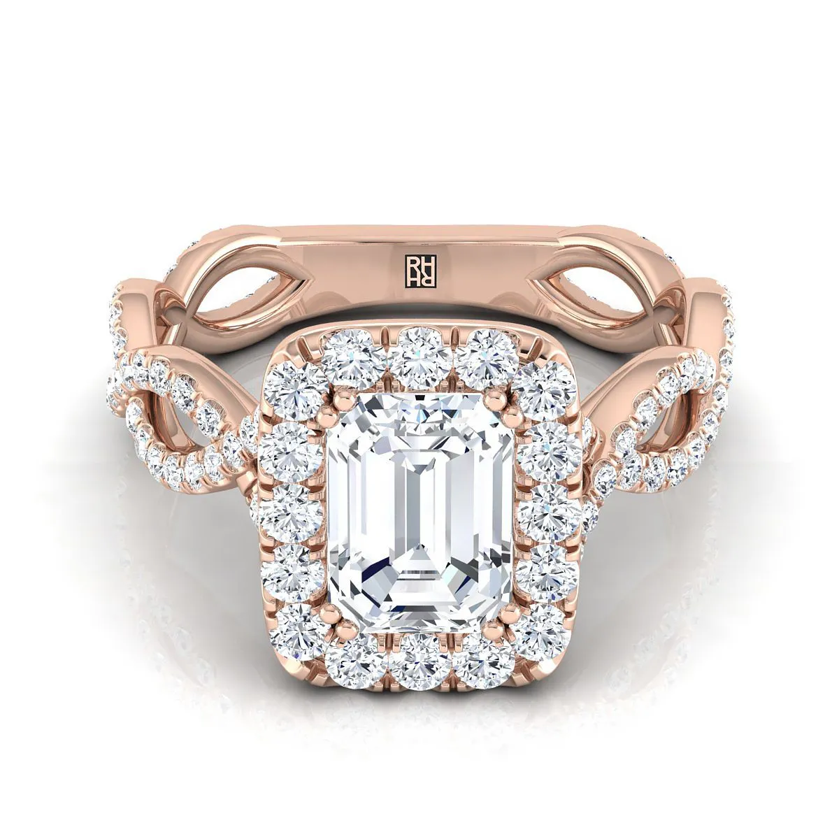 14K Rose Gold Emerald Cut Diamond Ribbon Twist French Pave Halo Engagement Ring -3/4ctw