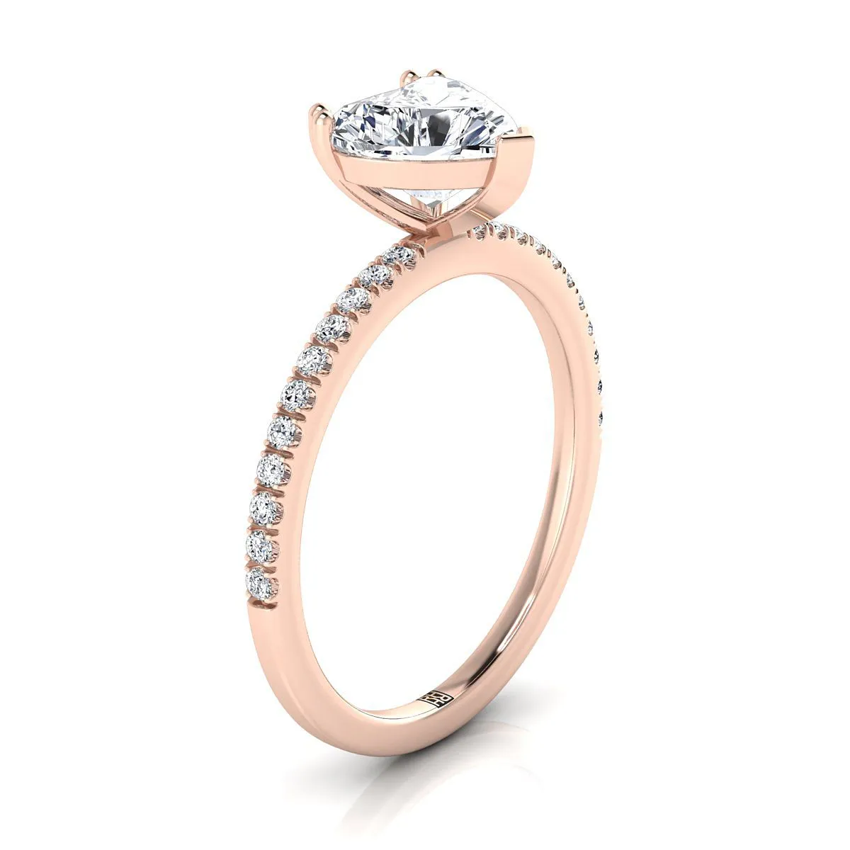 14K Rose Gold Heart Shape Center Diamond Simple French Pave Double Claw Prong Engagement Ring -1/6ctw