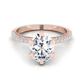 14K Rose Gold Oval Diamond Three Row French Pave Simple Engagement Ring -1/3ctw