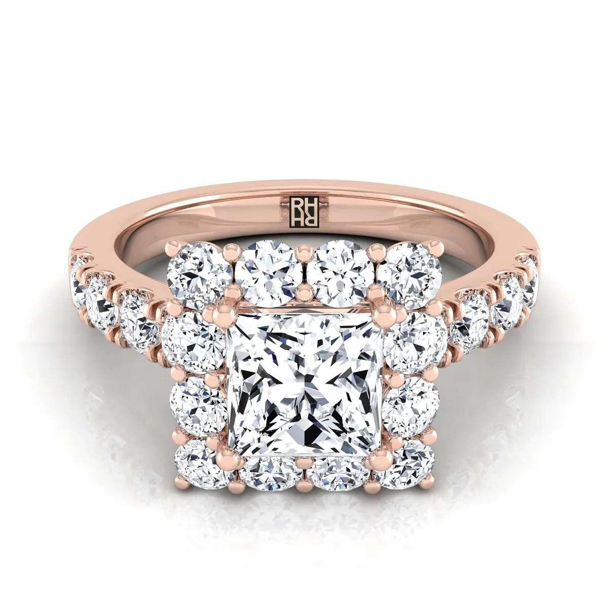 14K Rose Gold Princess Cut Diamond Luxe Style French Pave Halo Engagement Ring -1-1/10ctw