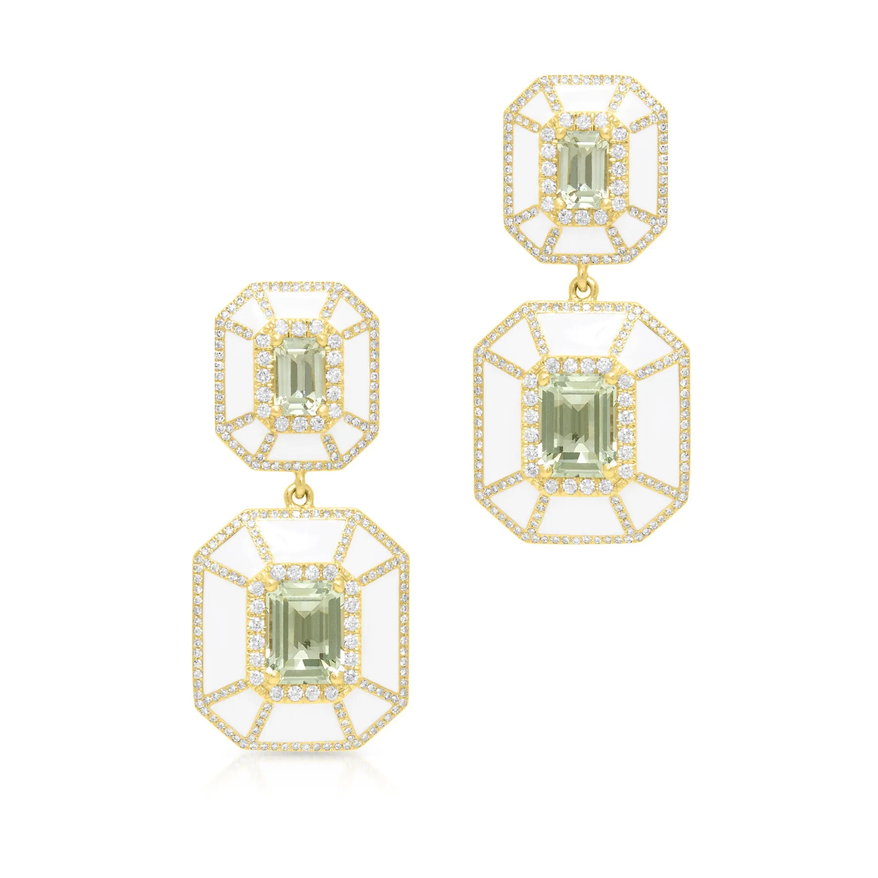 14KT Yellow Gold Green Amethyst White Enamel Diamond Deco Earrings