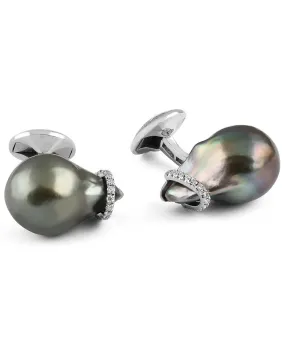 18k White Gold and Diamond Baroque Pearl Cufflinks