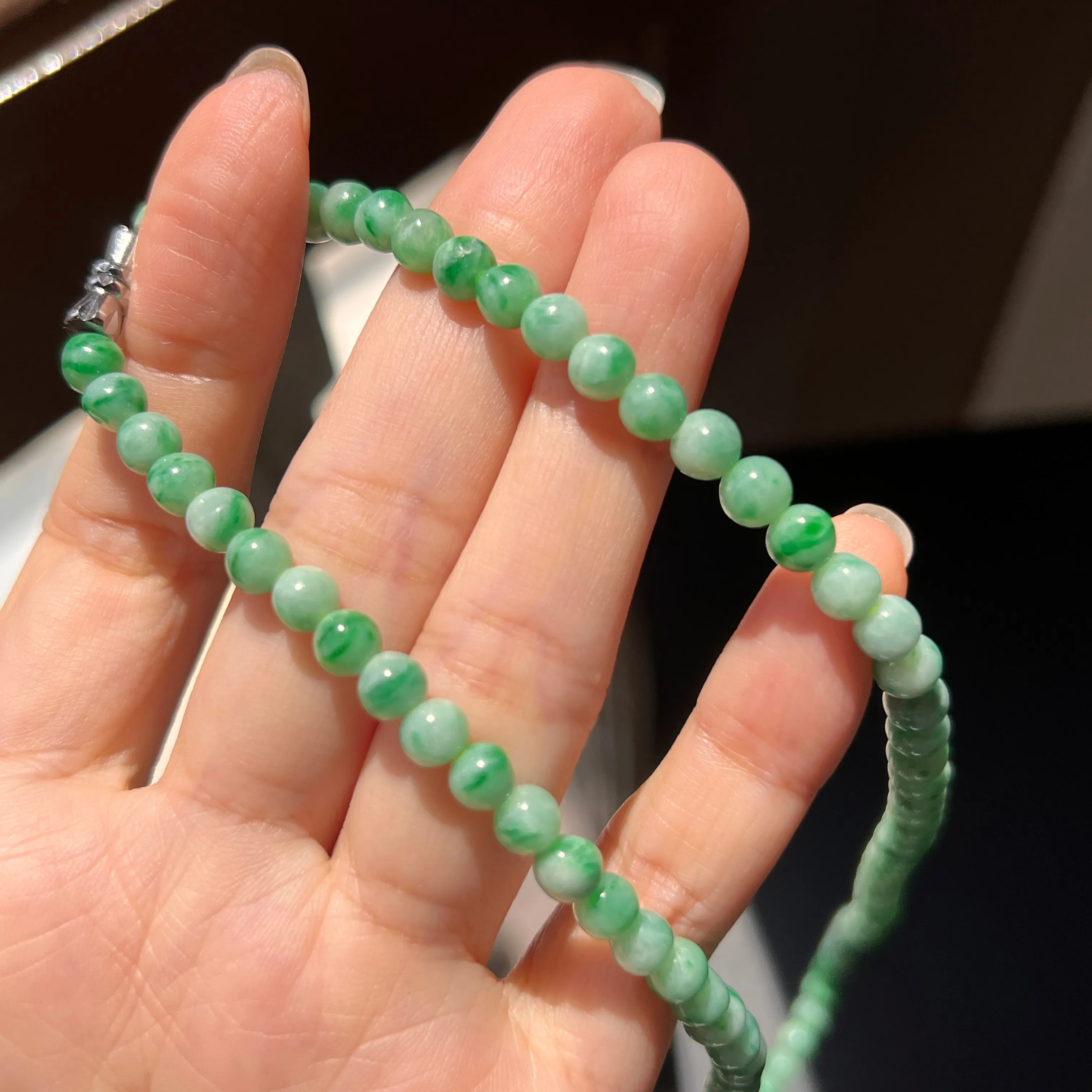 5.3mm A-Grade Natural Moss On Snow Jadeite Beaded Necklace No.190168