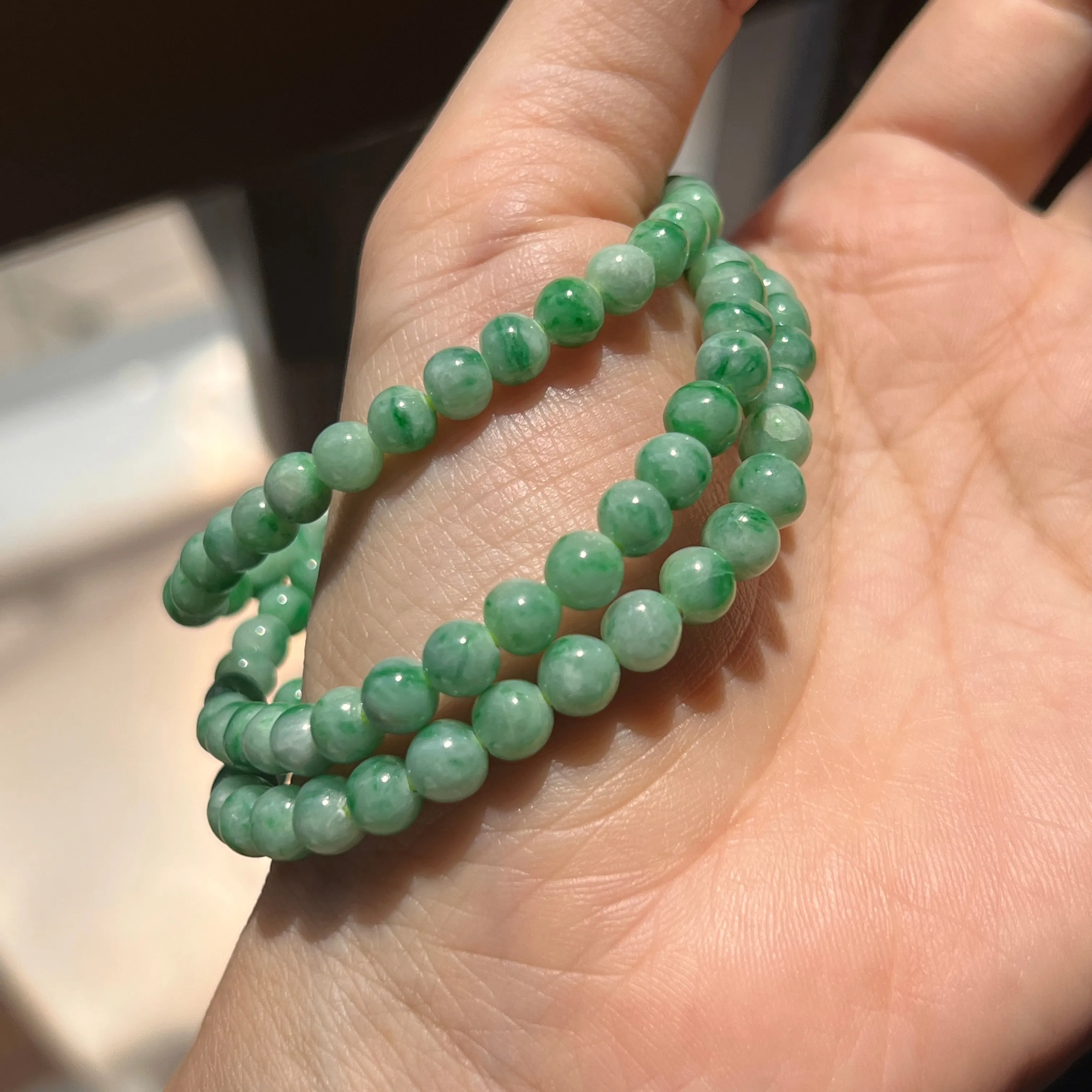 5.3mm A-Grade Natural Moss On Snow Jadeite Beaded Necklace No.190168