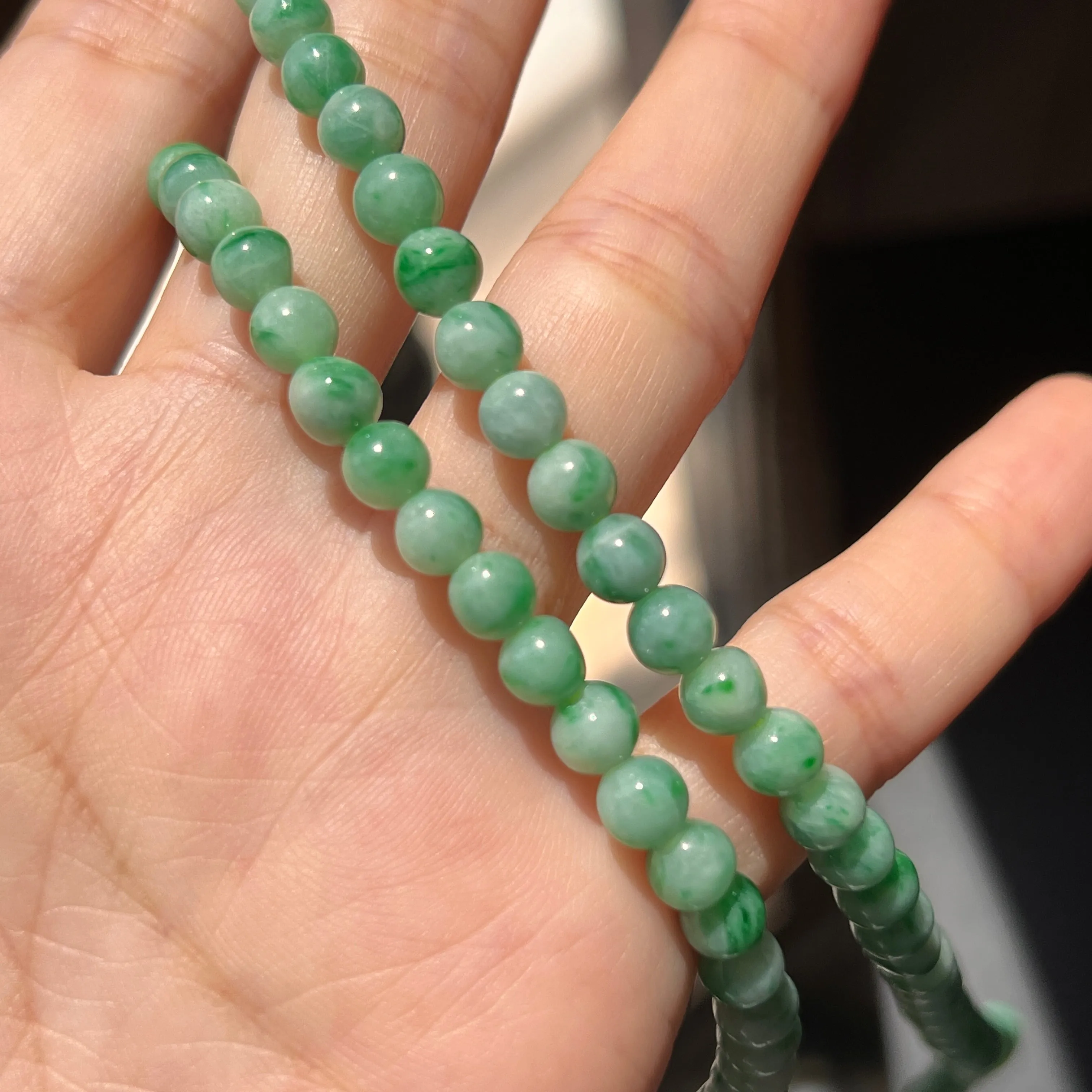 5.3mm A-Grade Natural Moss On Snow Jadeite Beaded Necklace No.190168