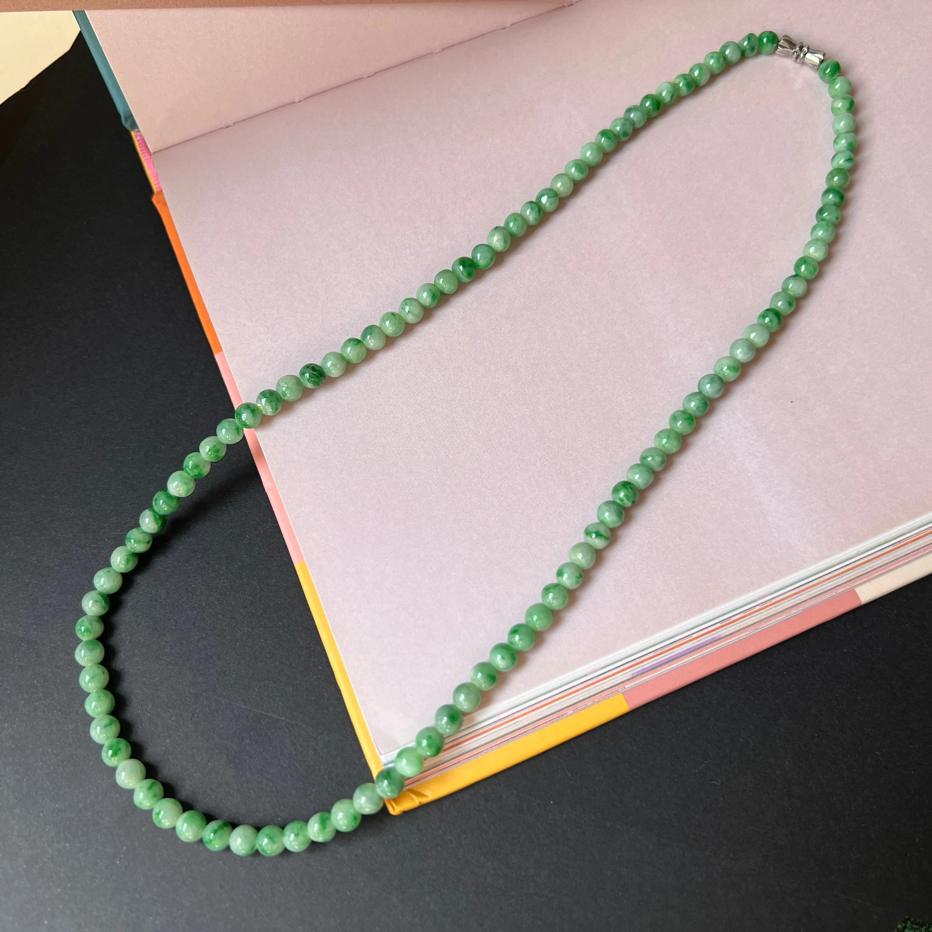 5.3mm A-Grade Natural Moss On Snow Jadeite Beaded Necklace No.190168