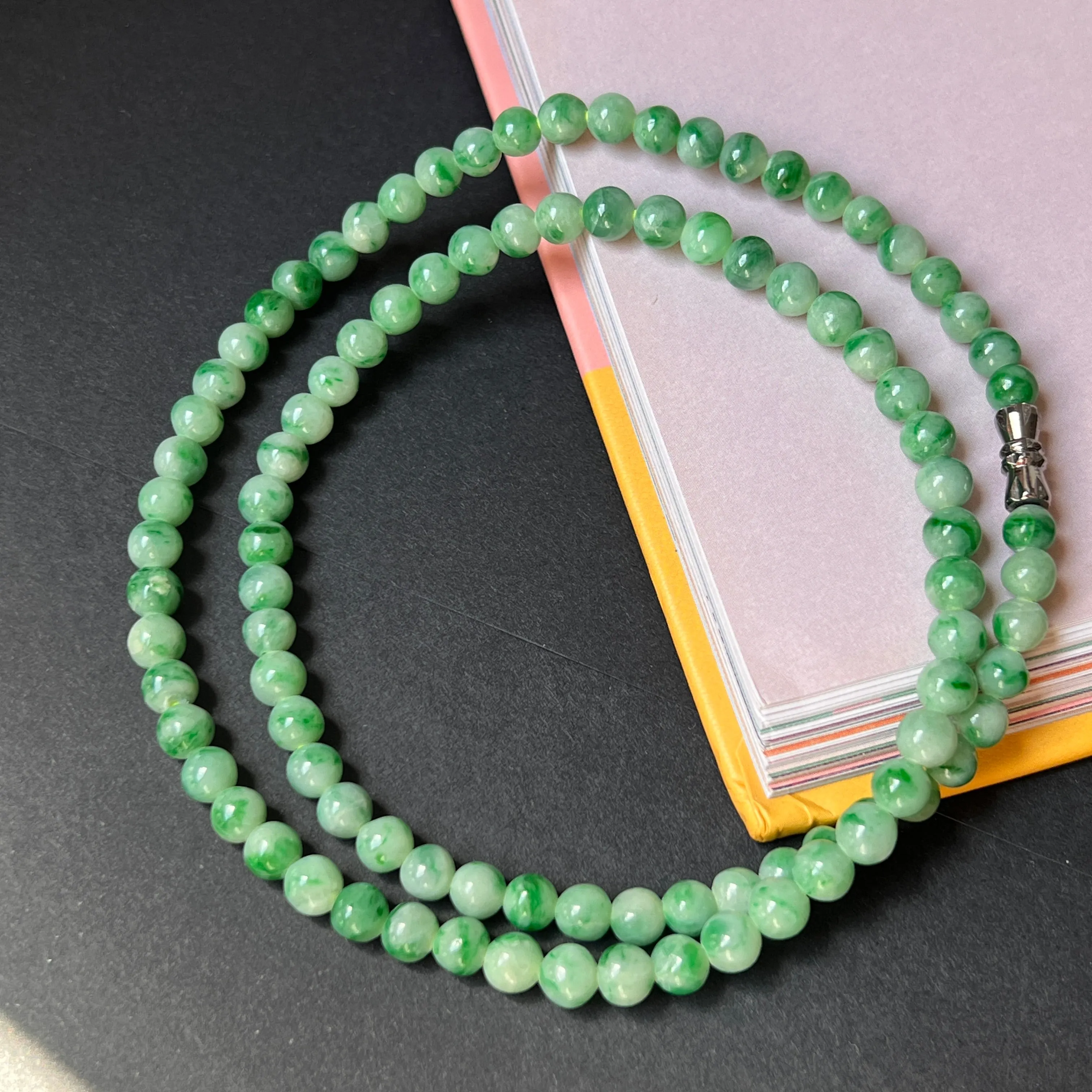 5.3mm A-Grade Natural Moss On Snow Jadeite Beaded Necklace No.190168