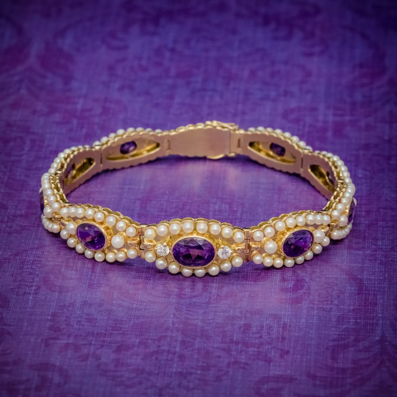 Antique Edwardian French Bracelet Amethyst Diamond Pearl 18ct Gold