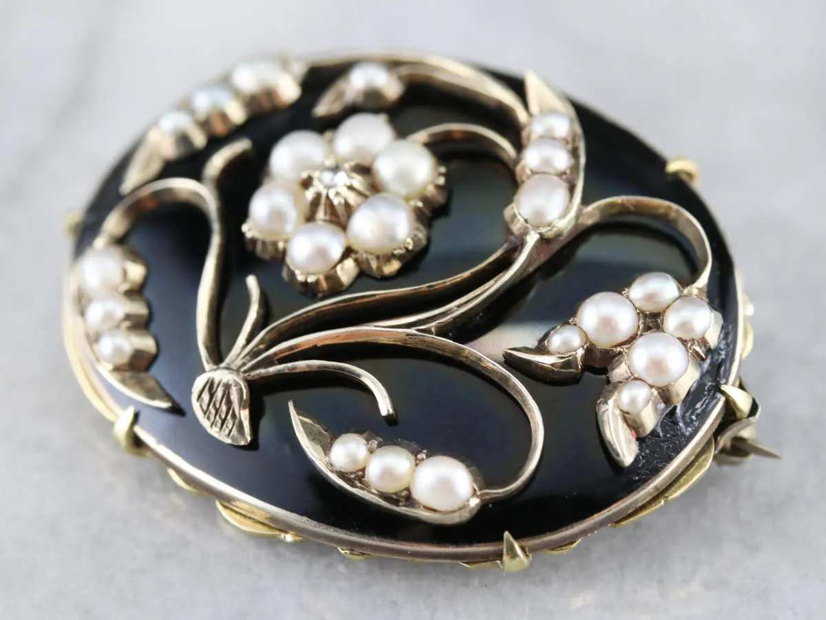 Antique Floral Seed Pearl and Diamond Brooch