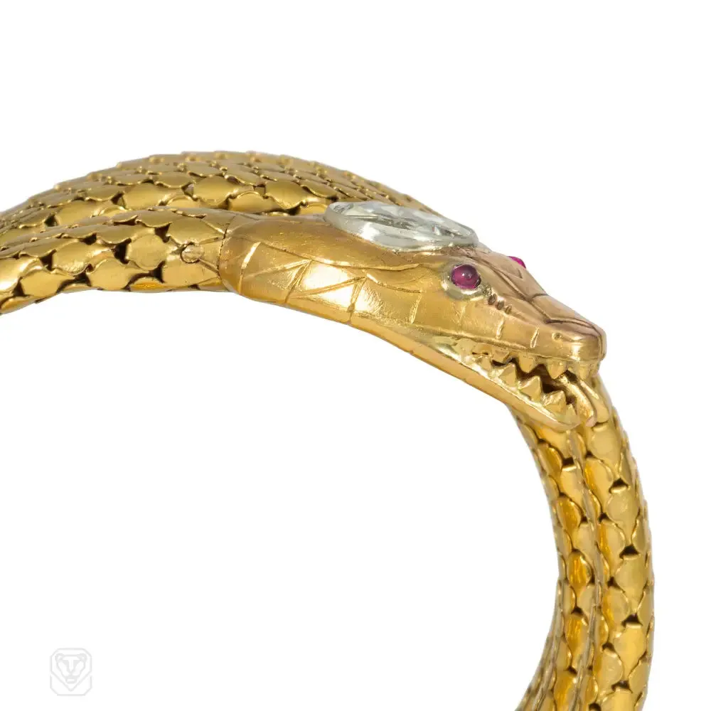 Antique French gold and diamond snake bracelet