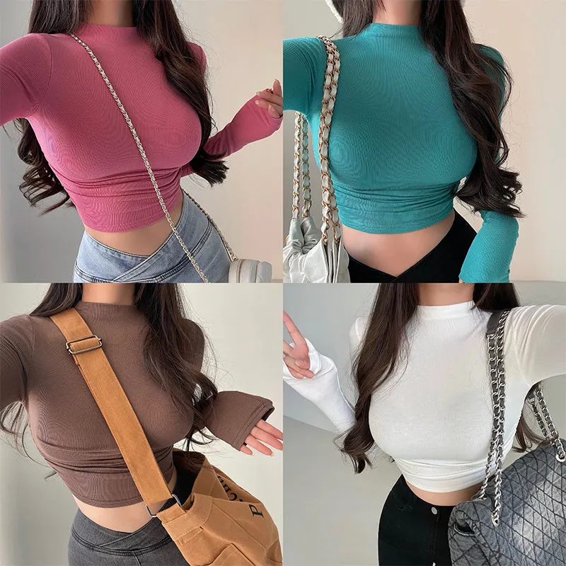 Callie Solid Color Slim Long Sleeve Cropped Top