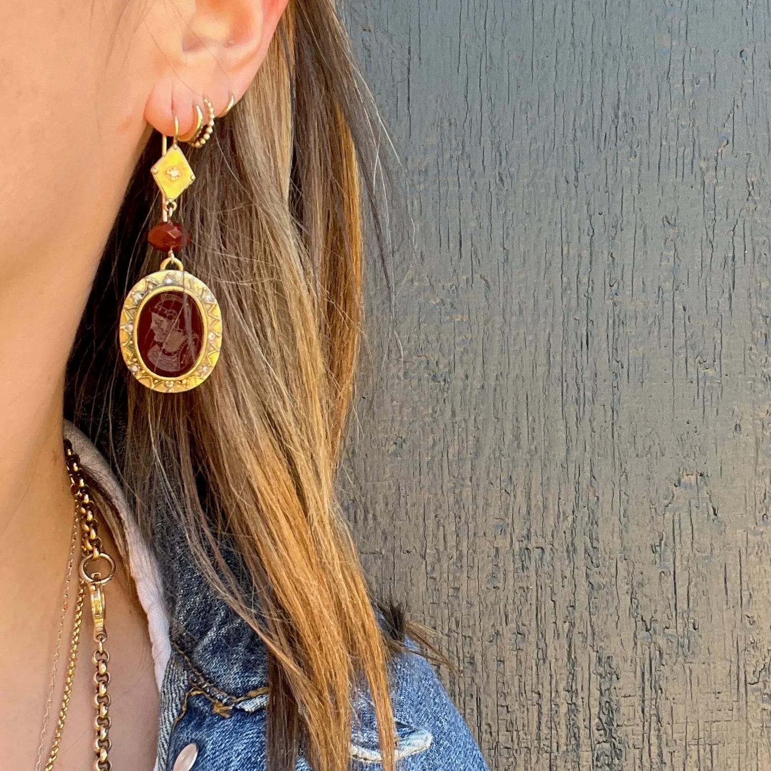 Carnelian Intaglio Drop Earrings with Diamond Accents