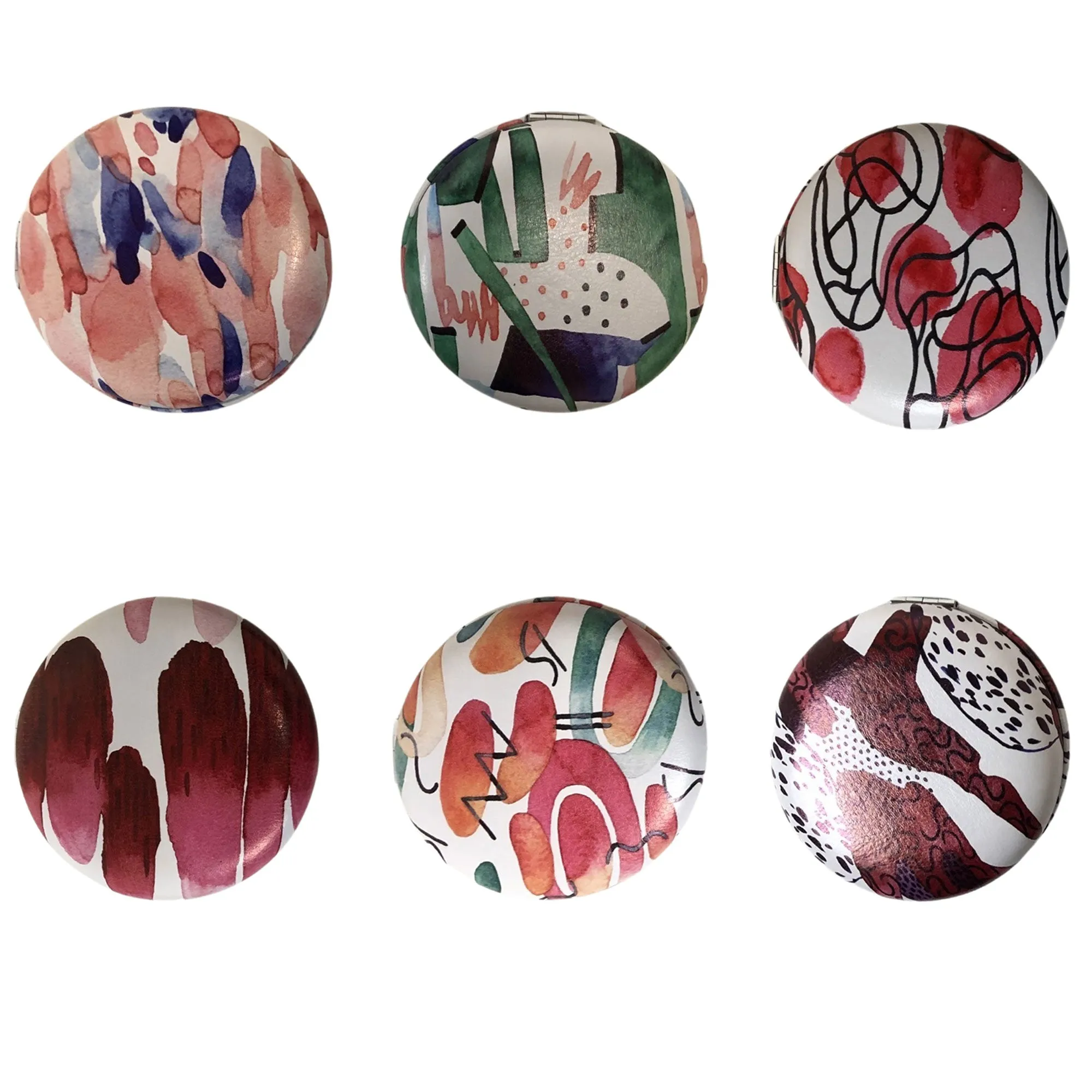 CLEARANCE COSMETIC MIRRORS GEOMETRIC PRINTS (CASE OF 48 - $1.50 / PIECE)  Wholesale Round Cosmetic Mirrors in Assorted Prints SKU: 906-GEOMETRY-48