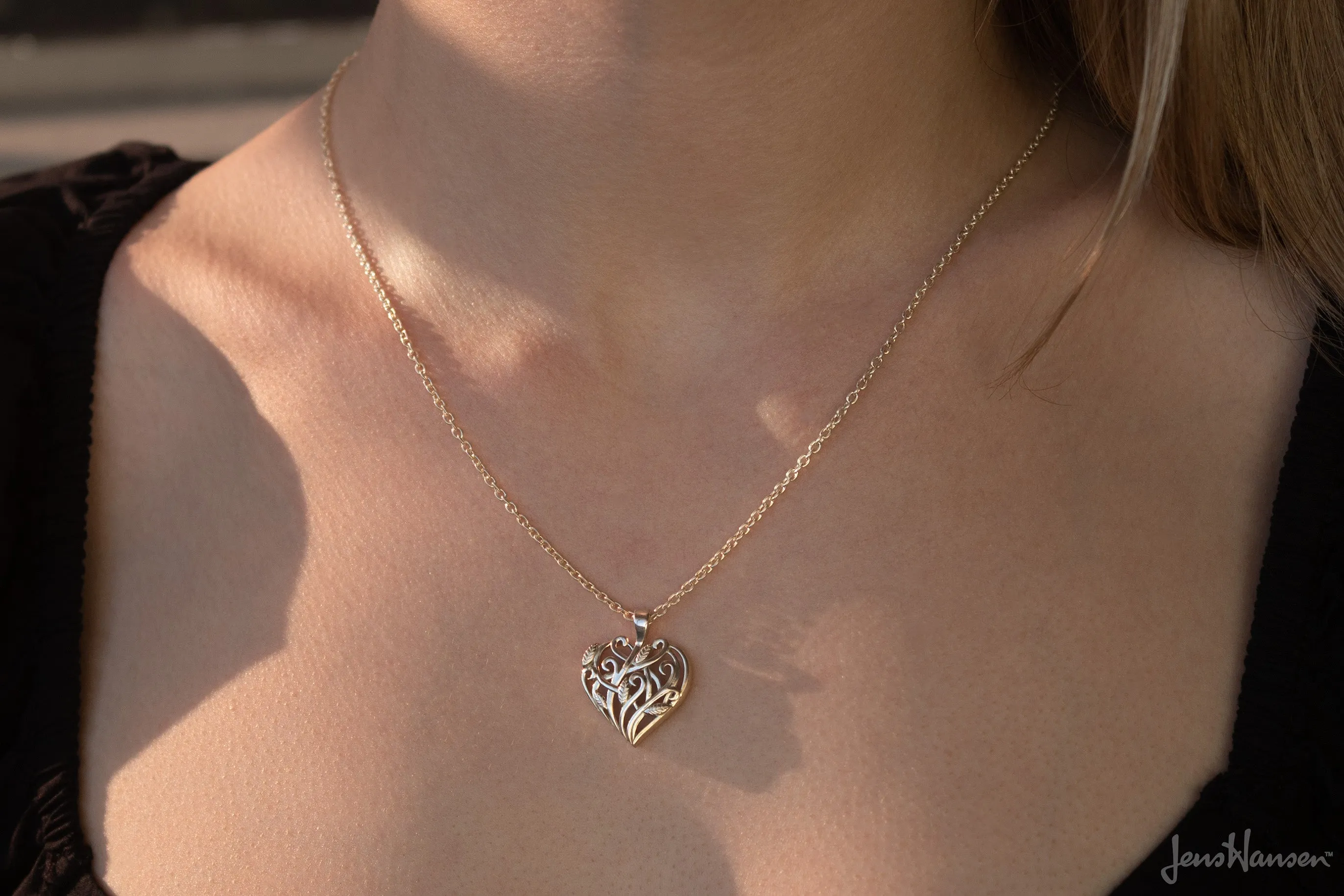 Elvish Heart Pendant, Sterling Silver with Red Gold Leaves