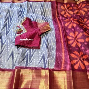 Grey & Burgandy Ikkat Soft Jute Cotton Silk Saree with Stitched Blouse