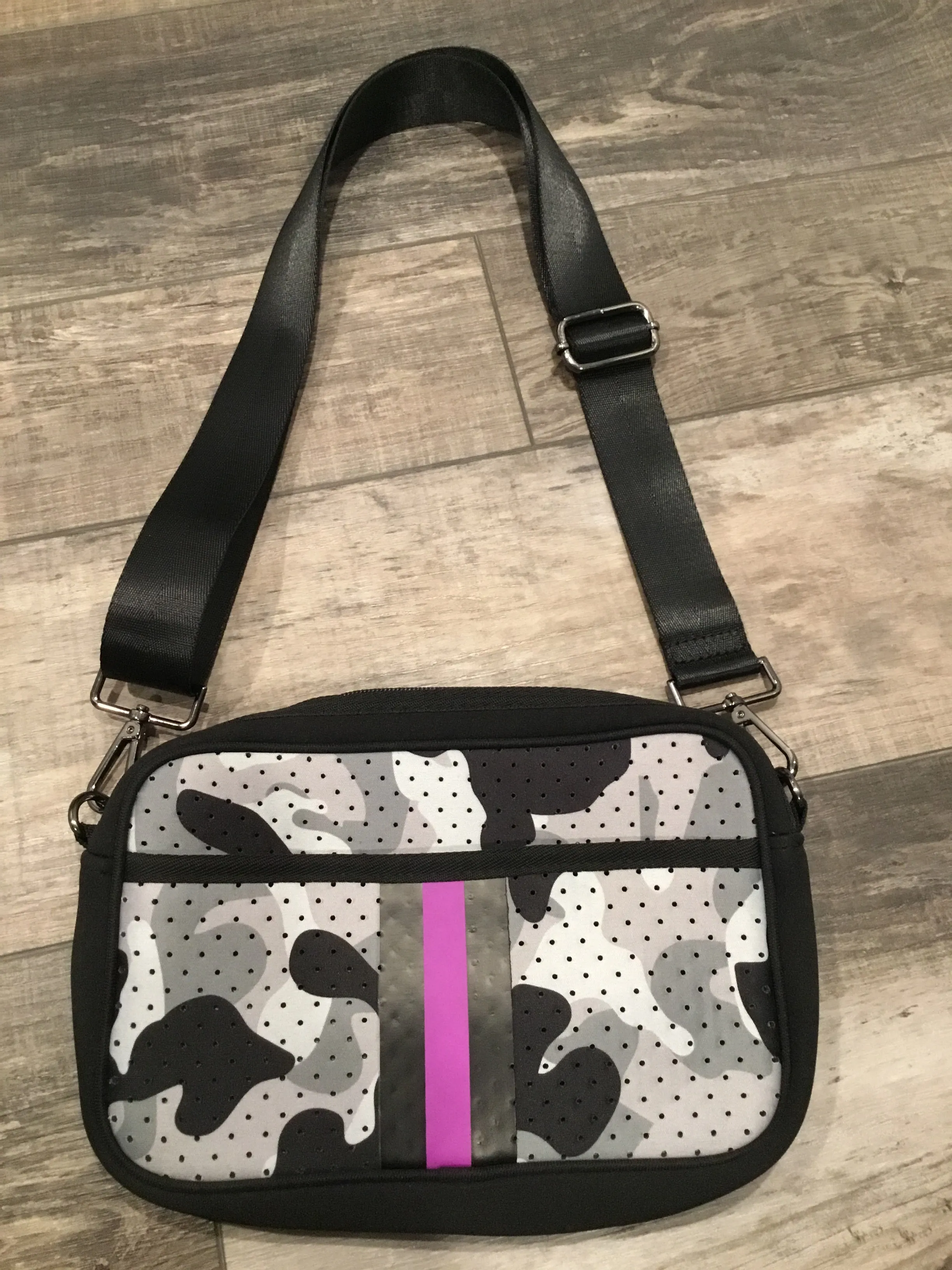 Grey Camo with Purple Stripe Neoprene Crossbody Bag