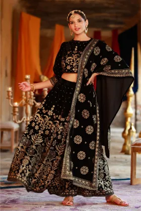 Juniper Black Ethnic Motif Printed Velvet Lehenga Choli & Dupatta Set.