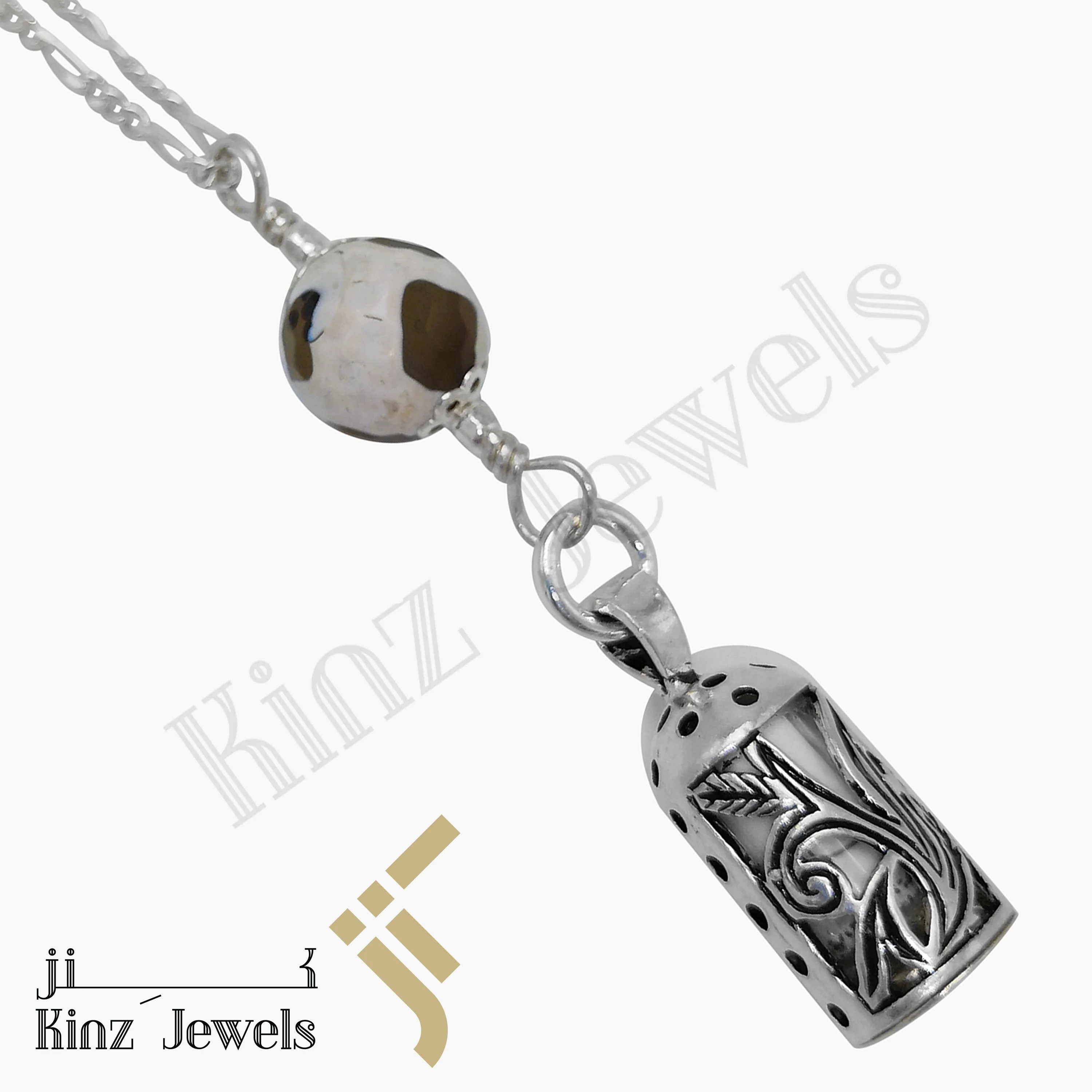 Kinz Silver Car Mirror Hanging or Keychain Dzi Agate Protective Capsule - The Throne Verse