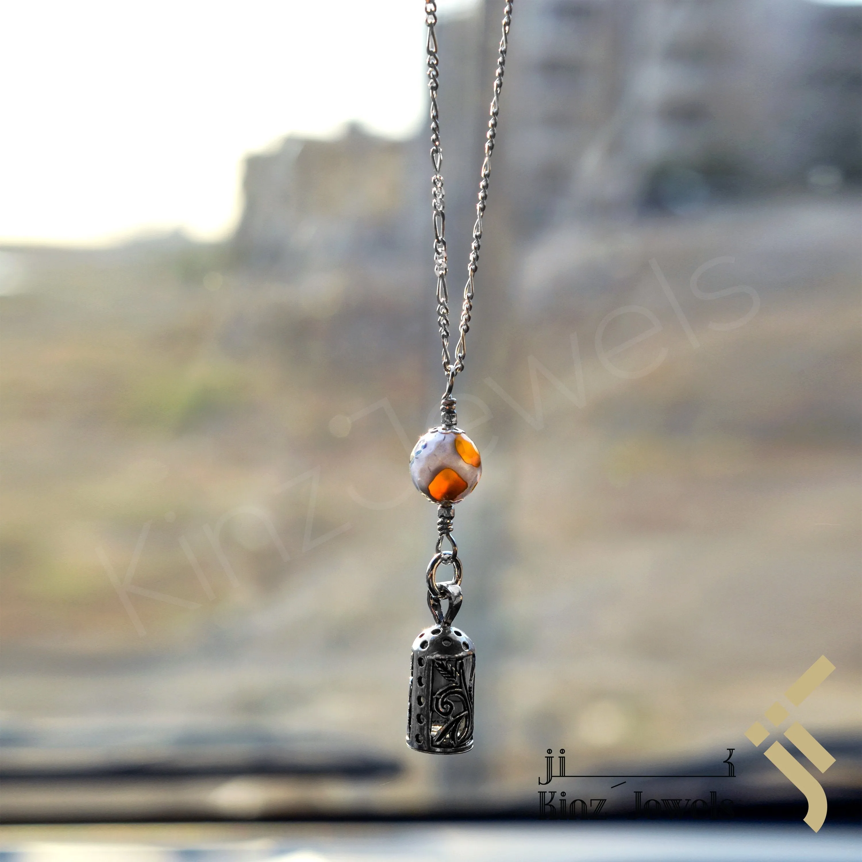 Kinz Silver Car Mirror Hanging or Keychain Dzi Agate Protective Capsule - The Throne Verse