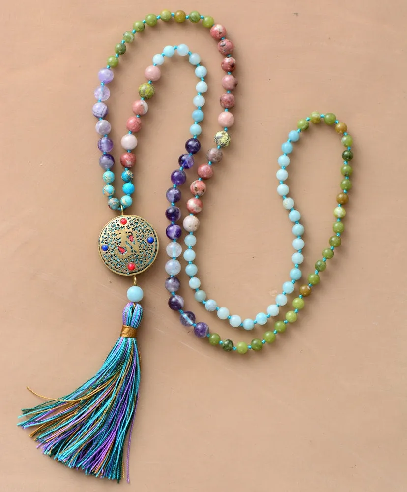 Long Colorful Mala with Tibetan Center Bead Tassel Necklace