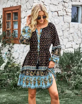 Midnight Blue Bohemian Print Buttoned Front Dress in Long Sleeve (Size S to XL)