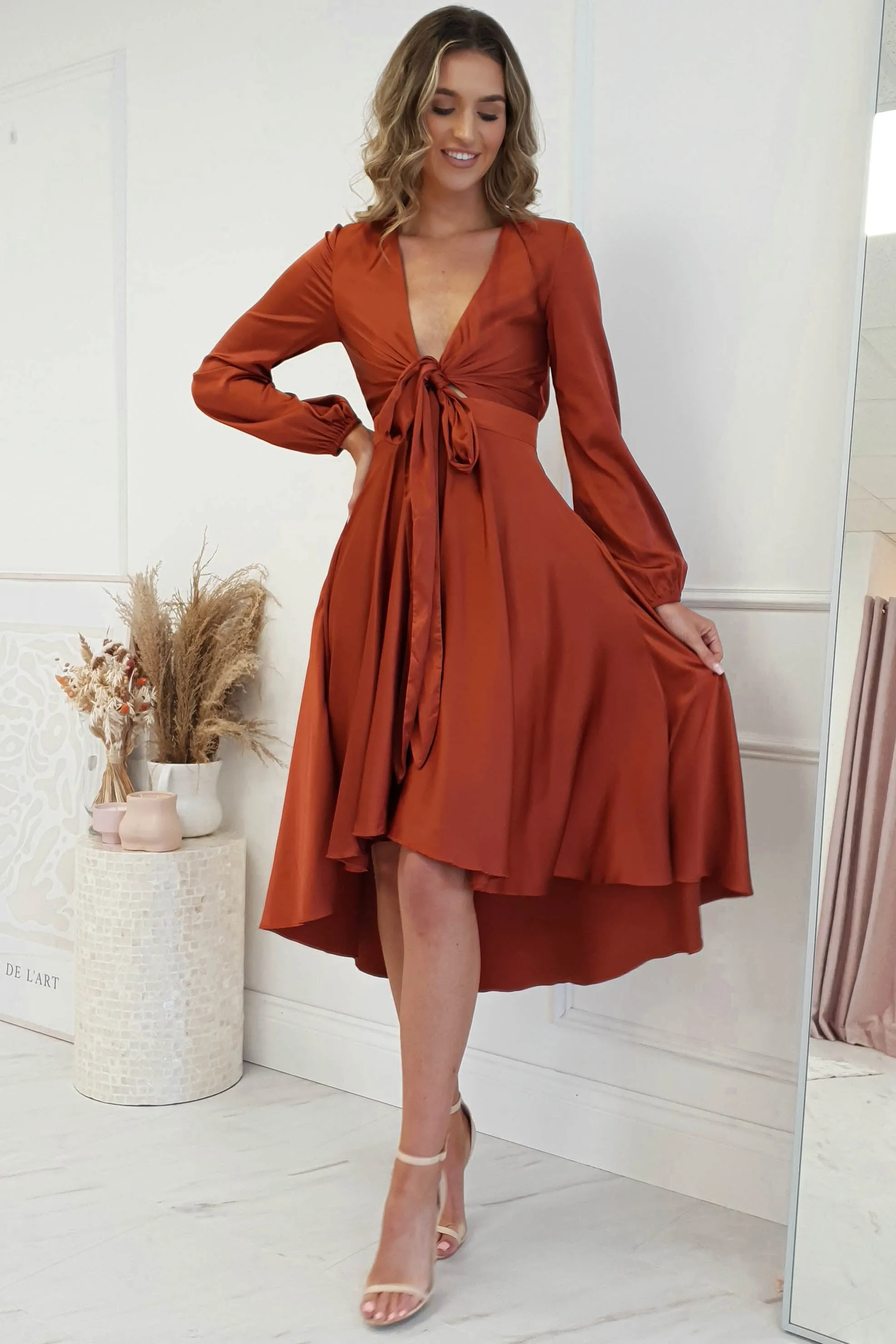 Nicola Satin Tie Front Midi Dress | Rust