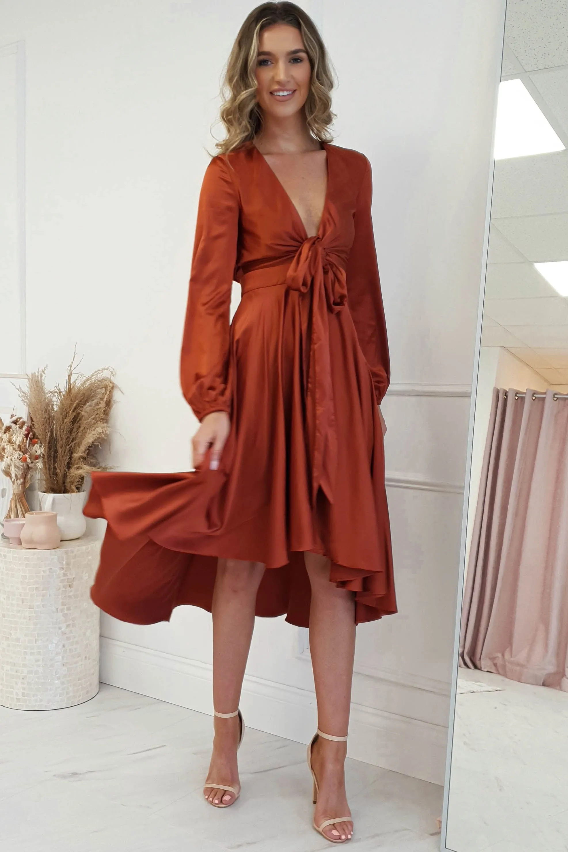 Nicola Satin Tie Front Midi Dress | Rust