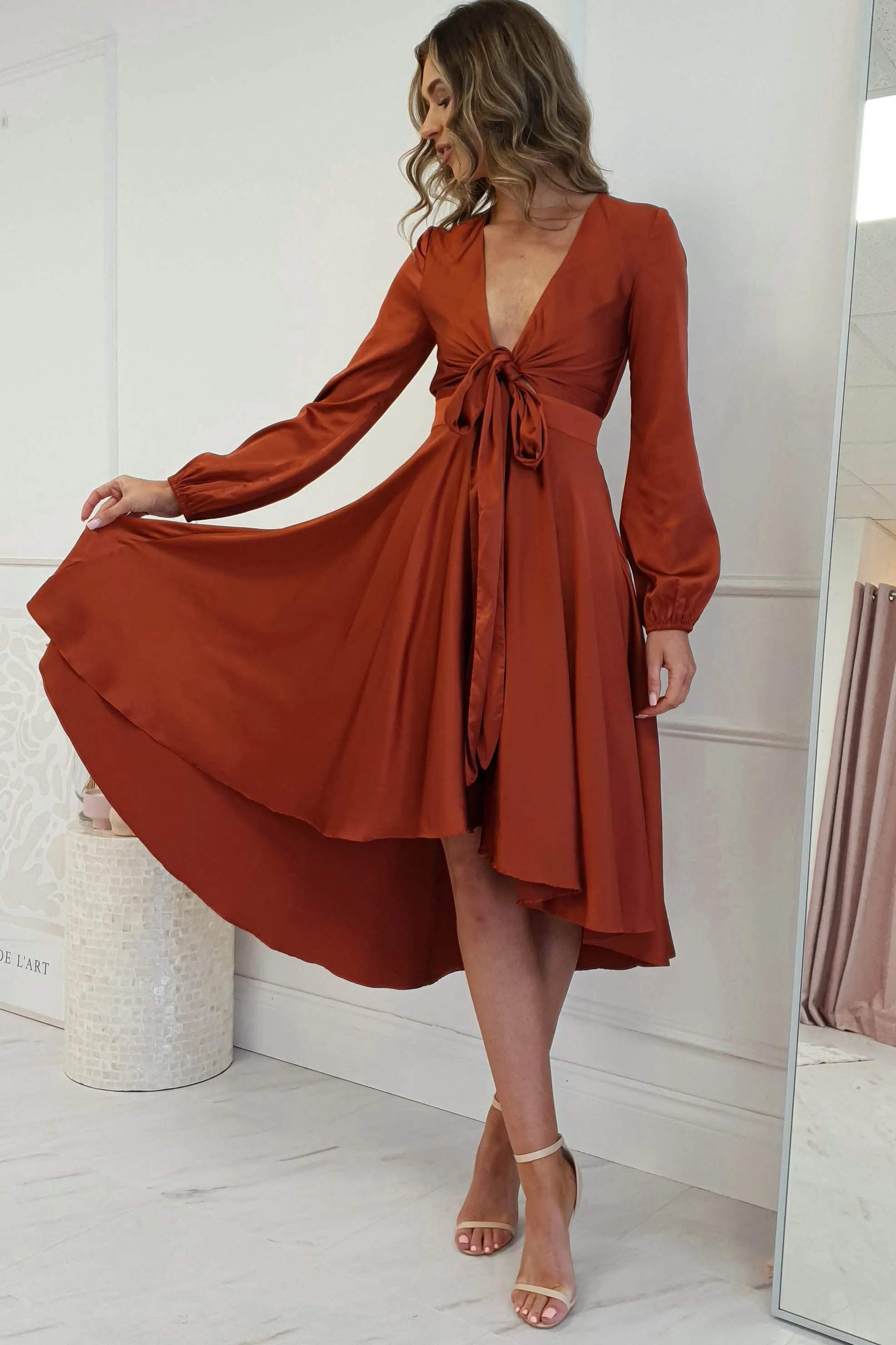 Nicola Satin Tie Front Midi Dress | Rust