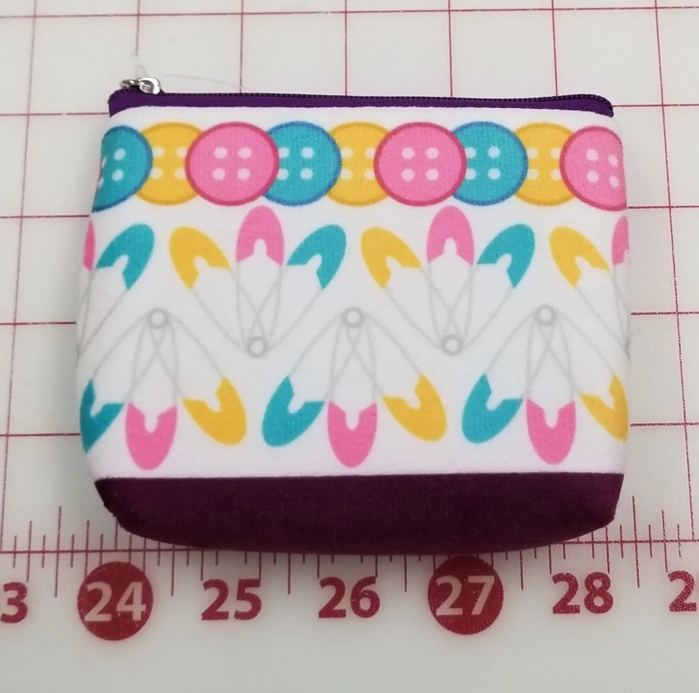 Notion: Sewing-Themed Zipper Pouch- Buttons & Safety Pins with Purple Zipper- 1ct