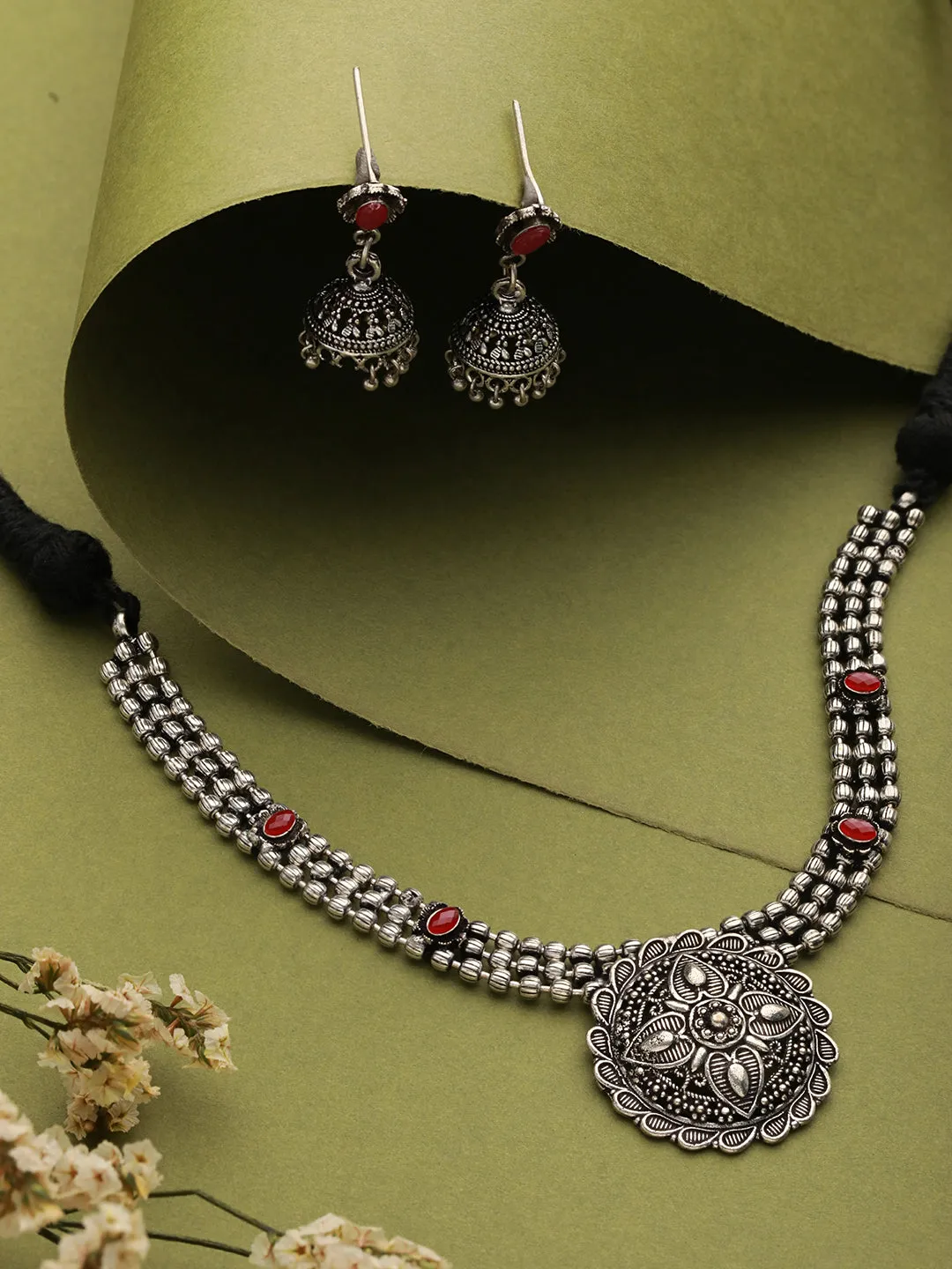 Oxidized Silver-Plated Red Stone-Studded Jewelry Set