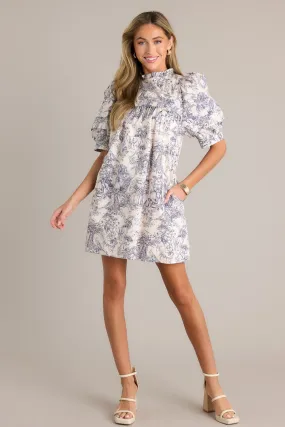 Pure Poise 100% Cotton Navy Toile Puff Sleeve Mini Dress