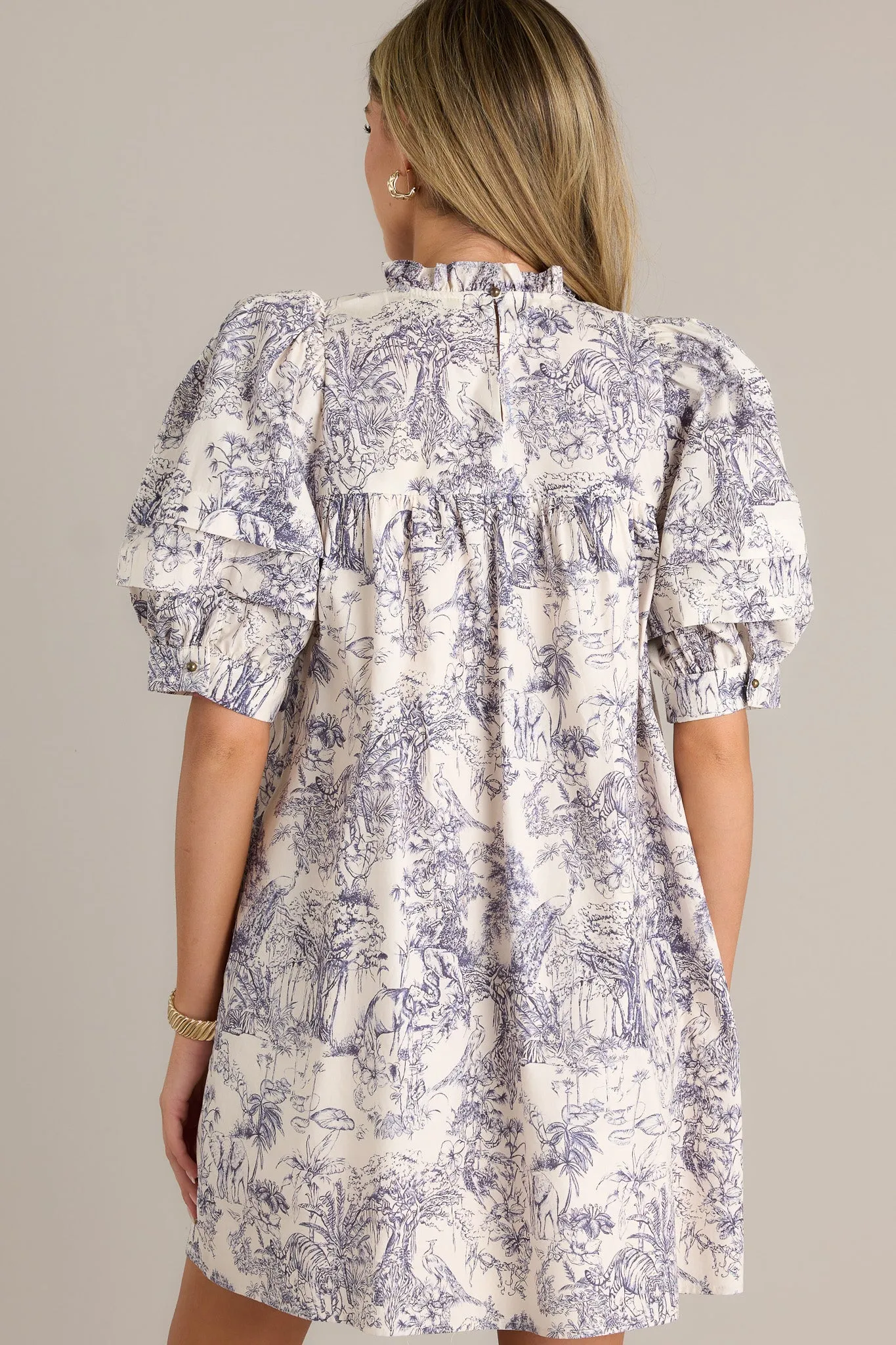 Pure Poise 100% Cotton Navy Toile Puff Sleeve Mini Dress