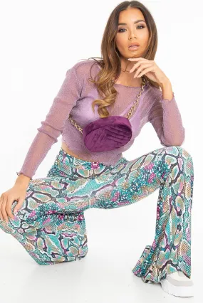 Purple Glitter Mesh Lettuce Hem Long Sleeve Top - Akila