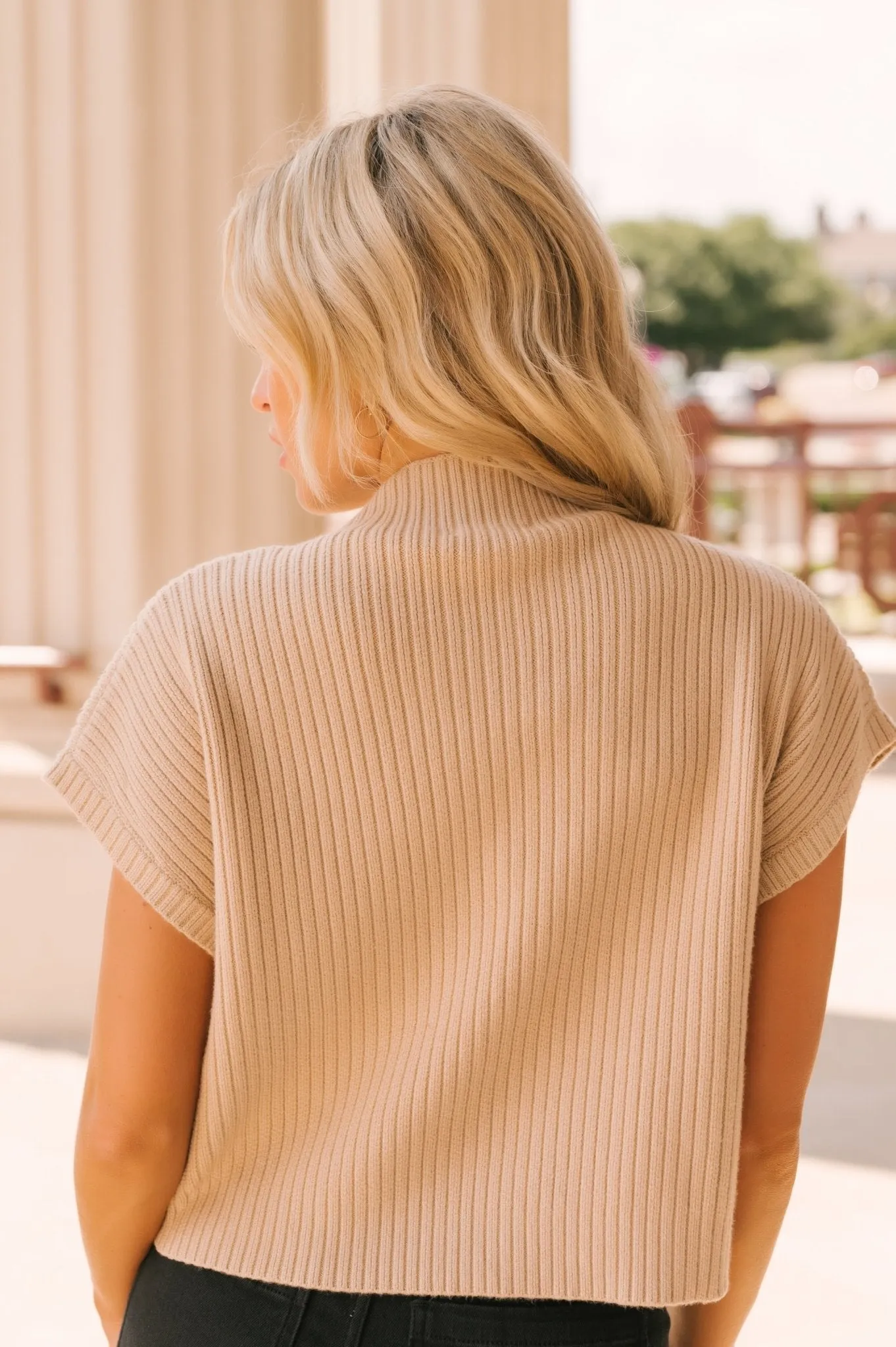 Short Sleeve Mock Neck Ribbed Sweater - Taupe