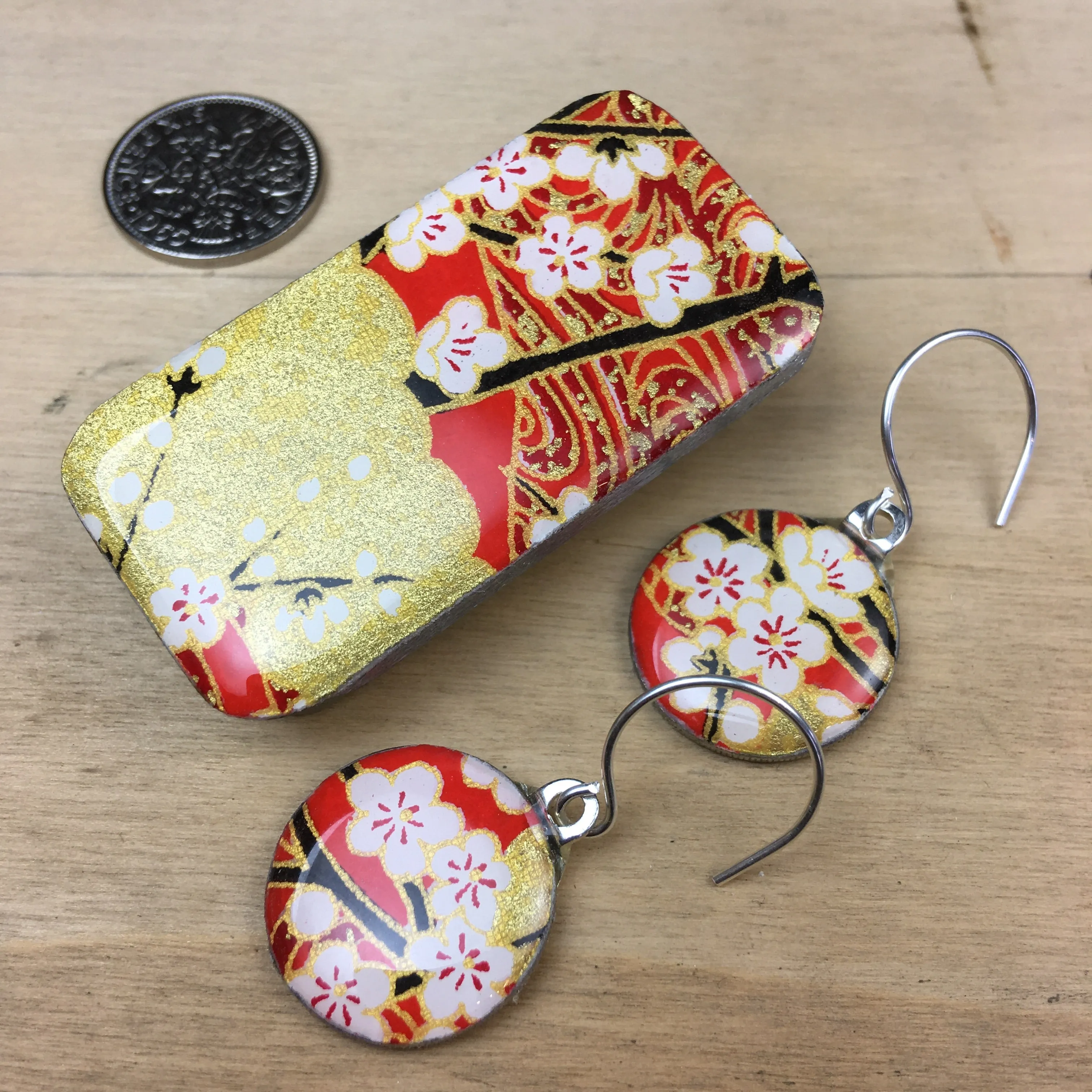 Sixpence Earrings and Teeny Tiny Tin Chiyo Red