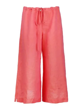 Wide Leg Washed Linen Drawstring Pants, Peony Pink